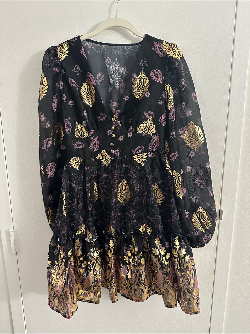 Shein Black and Metallic Mini Dress with Gold & Pink Damask Print